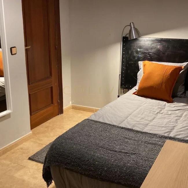 Cama de matrimonio, espejo y alfombrilla